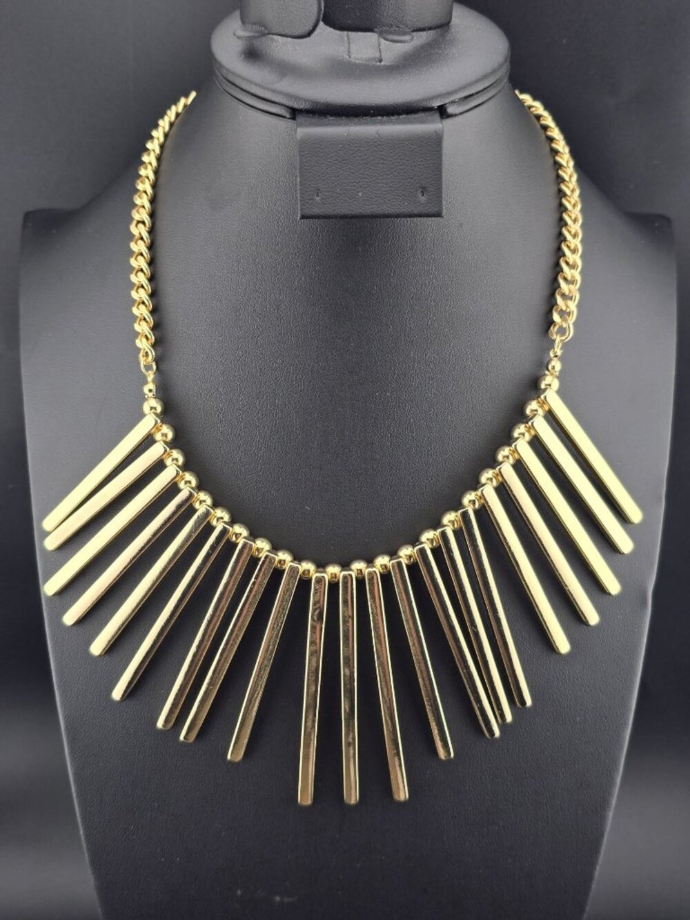 Gold Tone Statement Necklace With Long Bar Pendants  Adjustable Chain